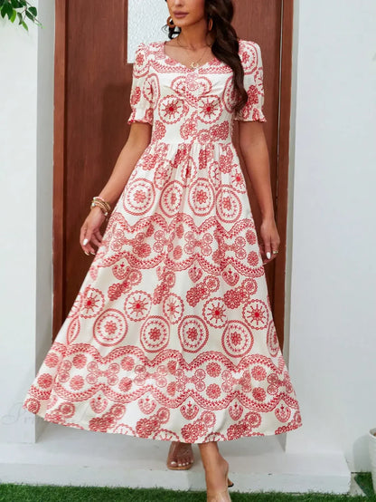 Bohemian High Waist Square Neck Floral Dress