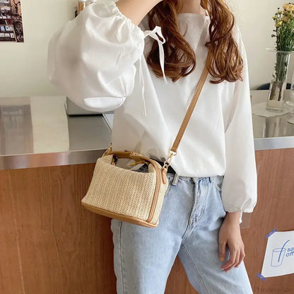 Bohemian Straw Crossbody Bucket Beach Handbag