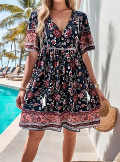 Boho Beach Floral Print Mini Floral Dress