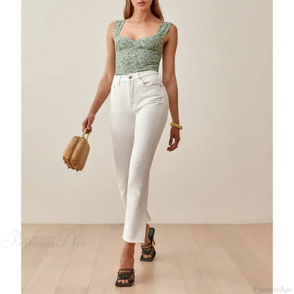 Boho Beach Vacation Floral Sweetheart Wide Strap Sleeveless Slim Crop Top