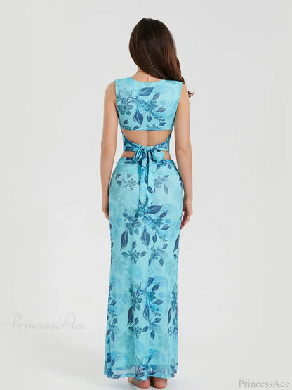 Boho Blue Floral Back Bandage Crop Tank Wrap Long Floral Dress