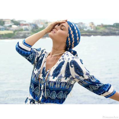 Boho Blue Floral Print V-neck Drawstring Waist Summer Dress
