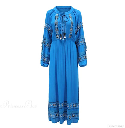 Boho Blue/White Cotton Rayon Maxi Dress