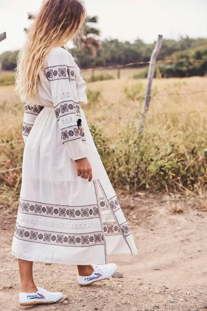 Boho Blue/White Cotton Rayon Maxi Dress