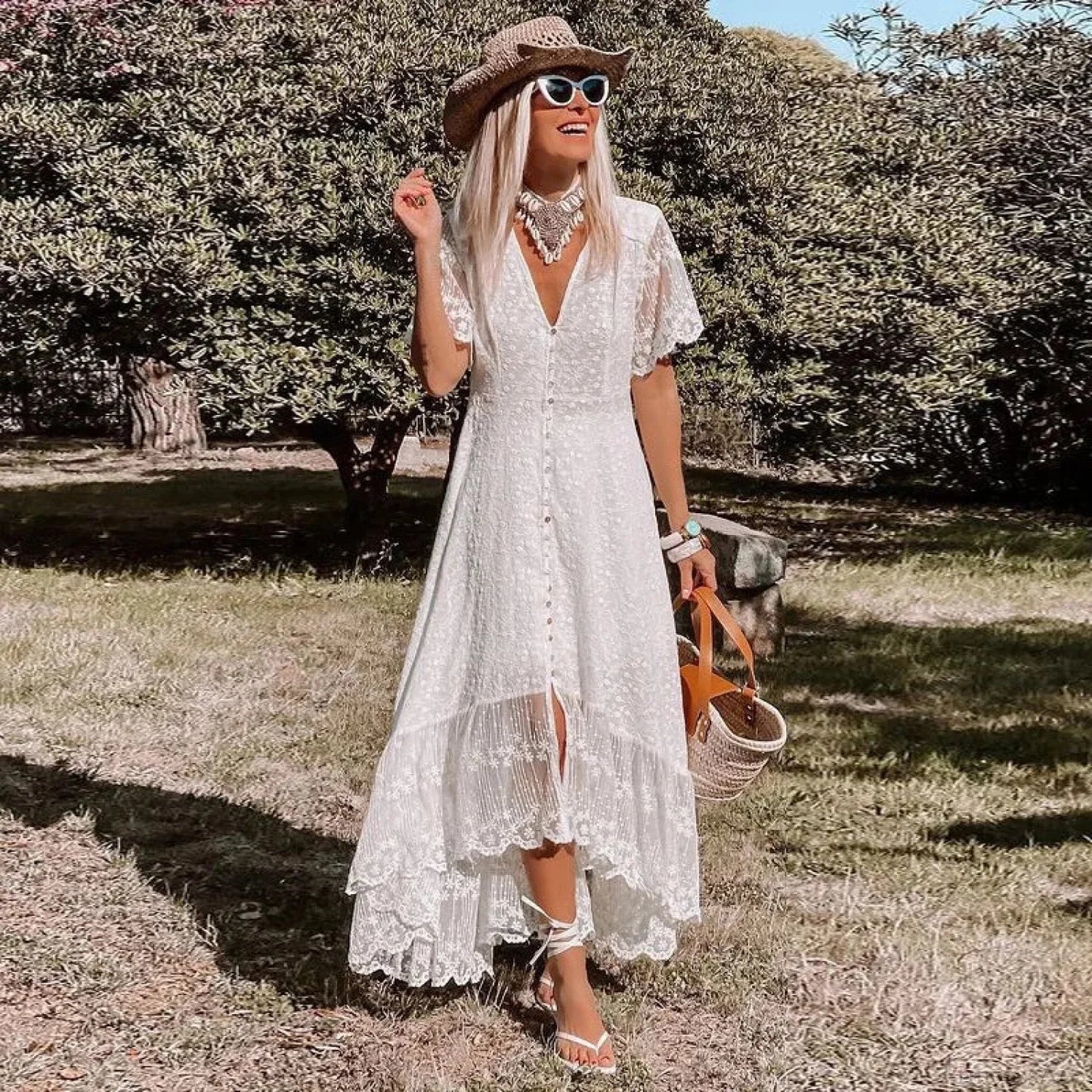 Boho Loose Summer Dress Vintage Deep V Floral Print