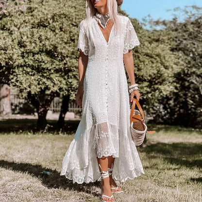 Boho Loose Summer Dress Vintage Deep V Floral Print
