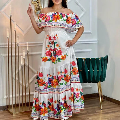 Boho Off-Shoulder Ruffle Floral Print Maxi Floral Dress