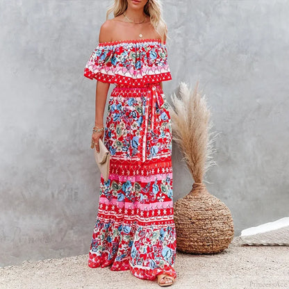 Boho Off-Shoulder Ruffle Floral Print Maxi Floral Dress