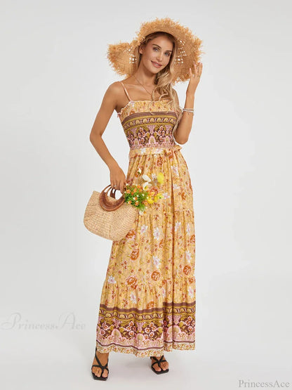 Boho Retro Floral Swing Spaghetti Straps Belted Long Floral Dress