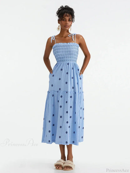 Boho Summer Flower Embroidery Tie-Up Shoulder Shirred A-Line Beach Dress