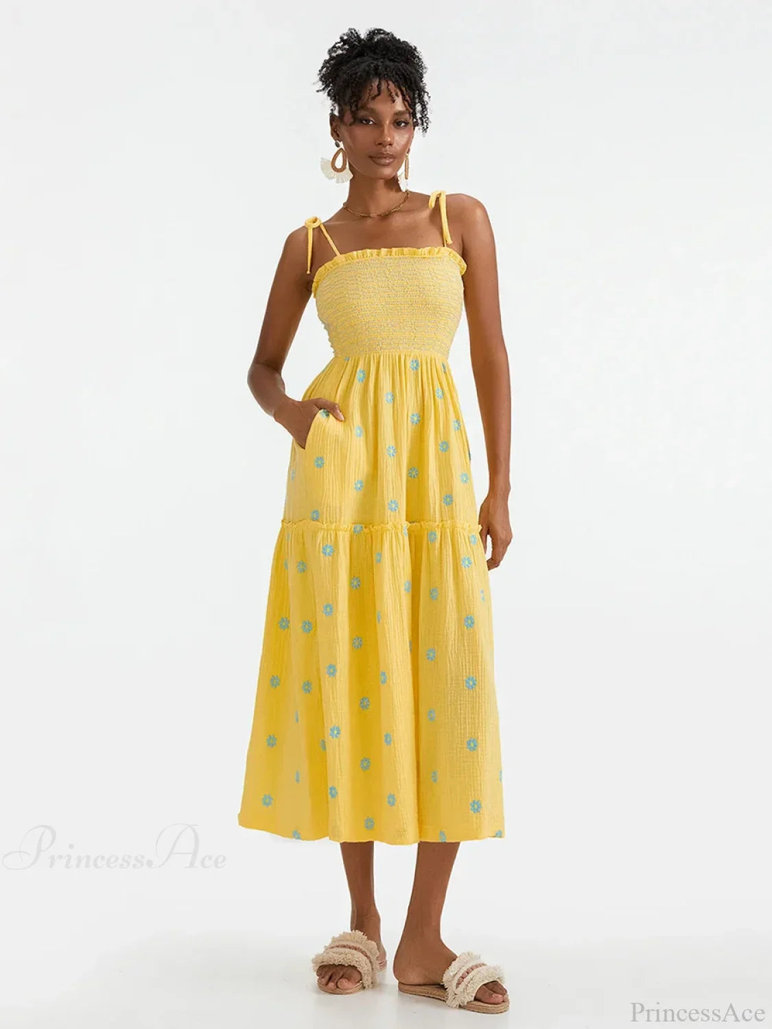 Boho Summer Flower Embroidery Tie-Up Shoulder Shirred A-Line Beach Dress