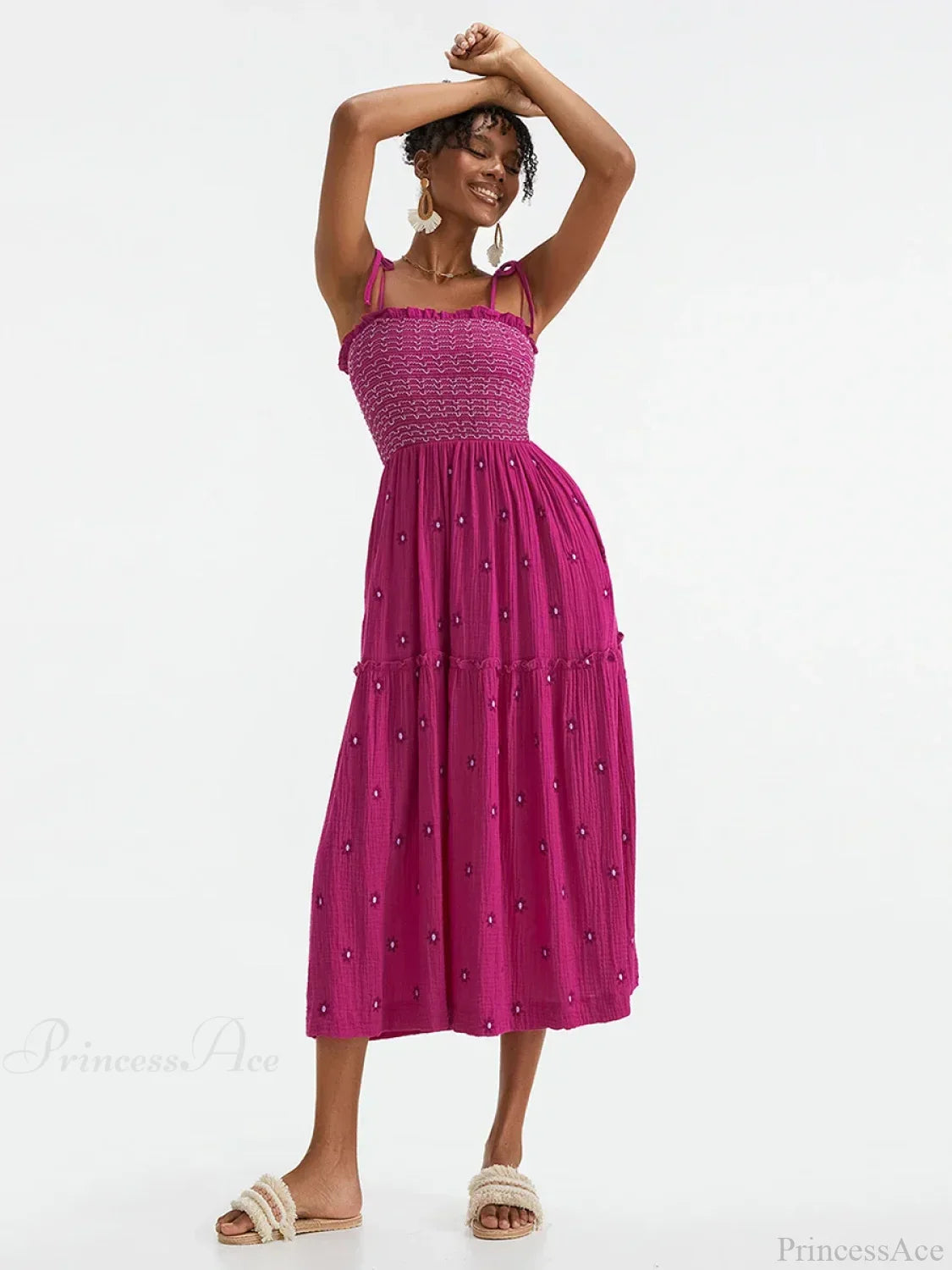 Boho Summer Flower Embroidery Tie-Up Shoulder Shirred A-Line Beach Dress