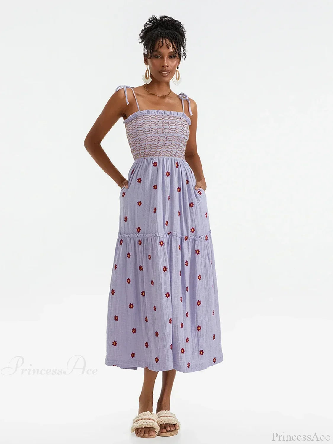Boho Summer Flower Embroidery Tie-Up Shoulder Shirred A-Line Beach Dress