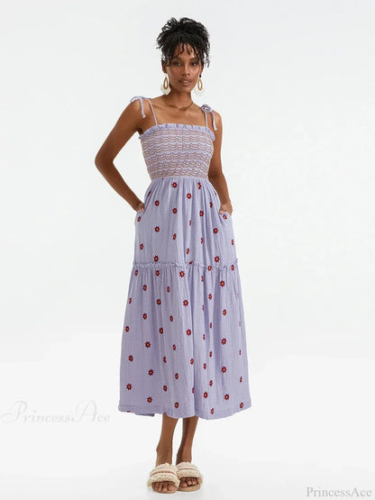 Boho Summer Flower Embroidery Tie-Up Shoulder Shirred A-Line Beach Dress