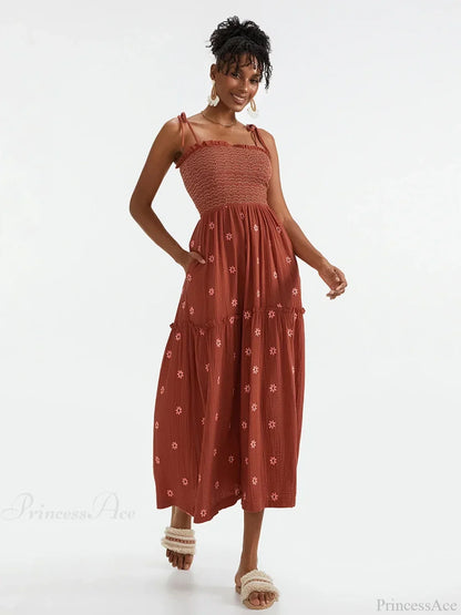 Boho Summer Flower Embroidery Tie-Up Shoulder Shirred A-Line Beach Dress