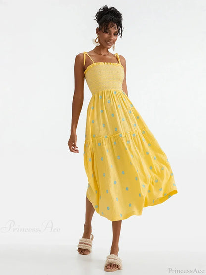Boho Summer Flower Embroidery Tie-Up Shoulder Shirred A-Line Beach Dress