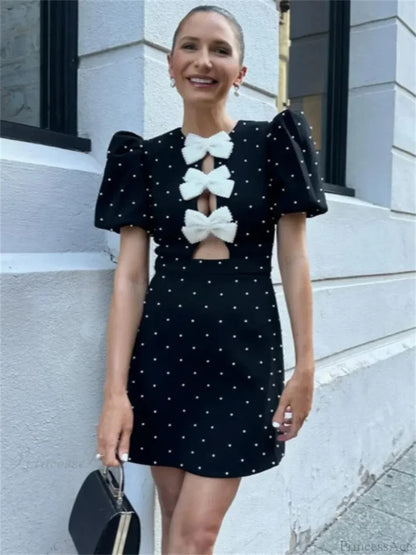 Bow Hollow-Out Patchwork Mini Dress
