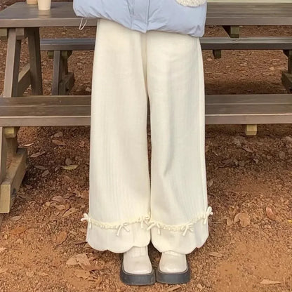 Bow Lace Corduroy Wide Leg Pants