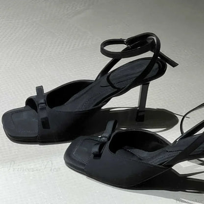 Bow Satin Luxury Designer Elegant Ankle Strap Square Toe Mules Pumps Slingback High Heel