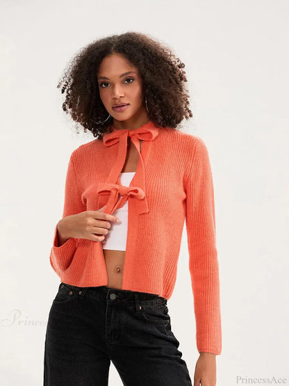 Bow Tie Front Crew Neck Knit Cardigan