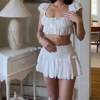 Bow Trim Ruffled Layered Skirt