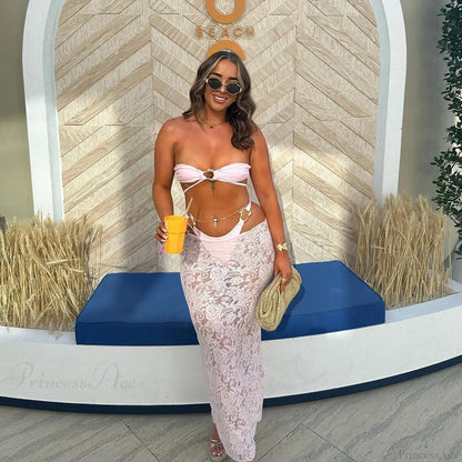 Traje de baño de tres piezas con top de banda y vestido largo modelo Brasil