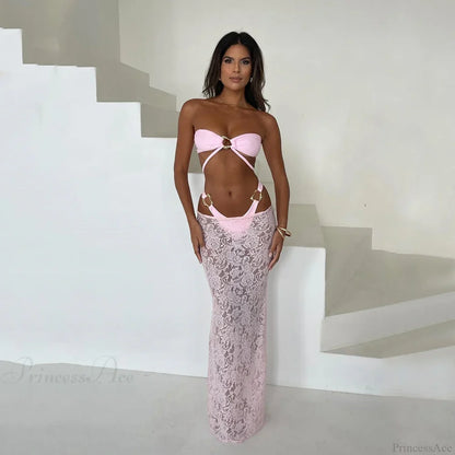 Traje de baño de tres piezas con top de banda y vestido largo modelo Brasil
