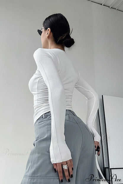 Brown Color Blocked Skinny Crew Neck Long Sleeve Tee