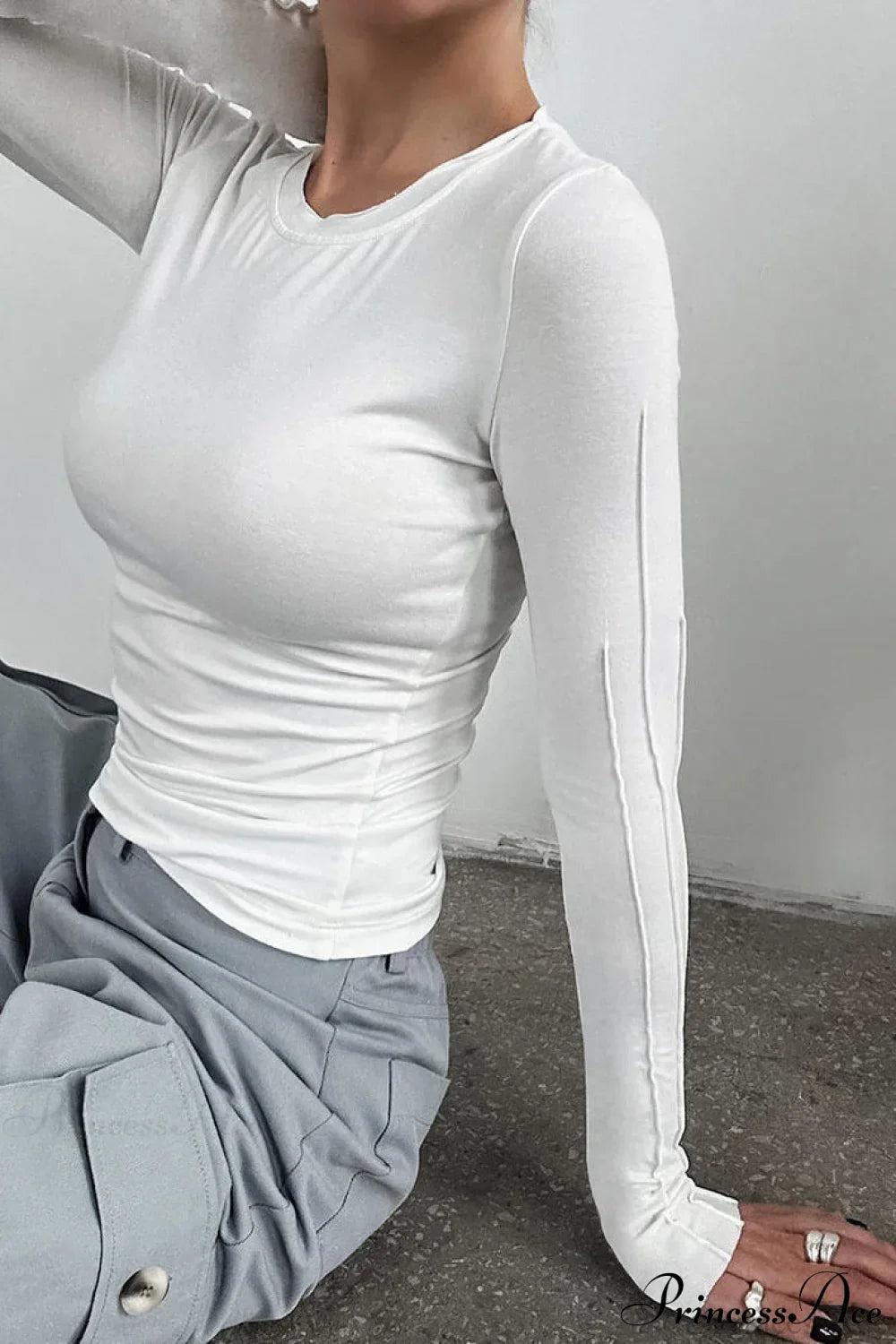 Brown Color Blocked Skinny Crew Neck Long Sleeve Tee