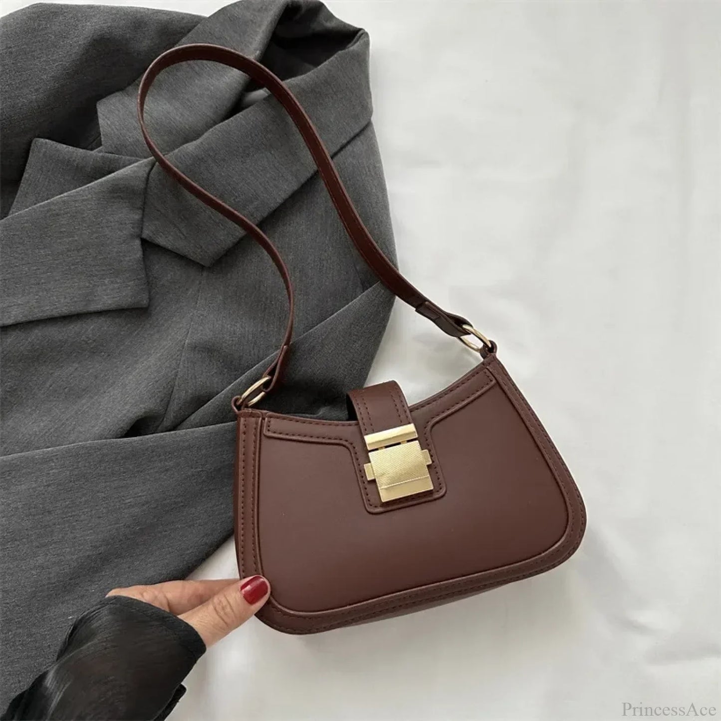 Brown Gold Buckle Vintage Shoulder Bag