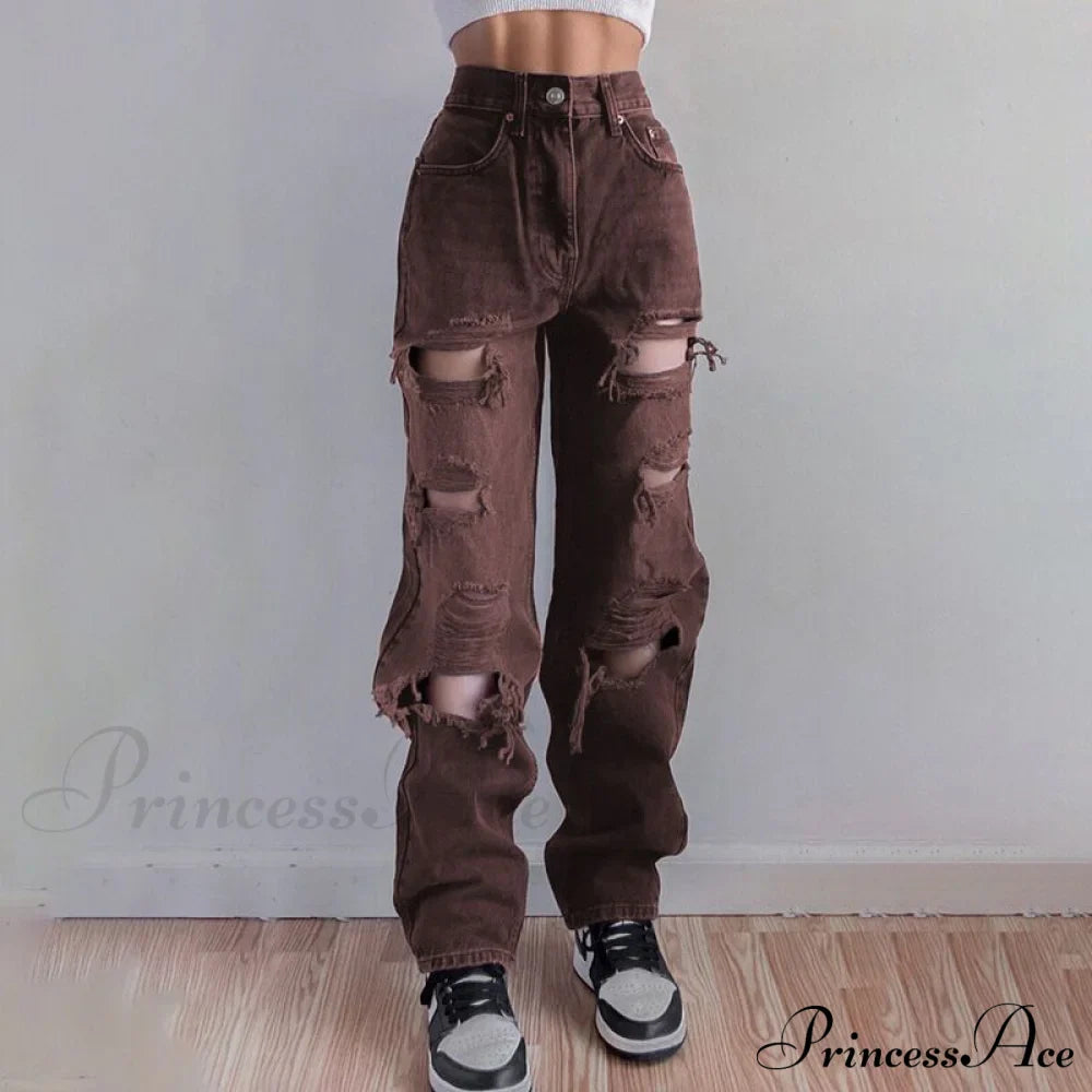 Brown Ripped Vintage Woman Distressed Jeans