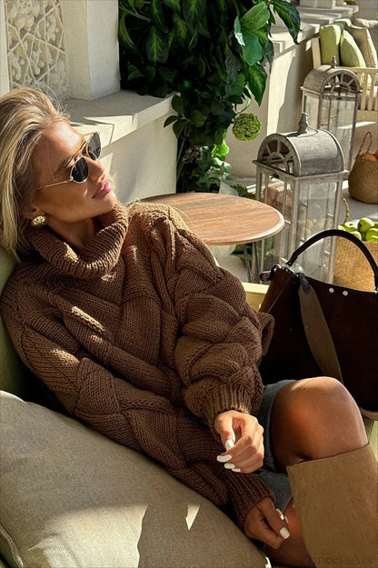 Brown Turtleneck Argyle Chic Cropped Sweater