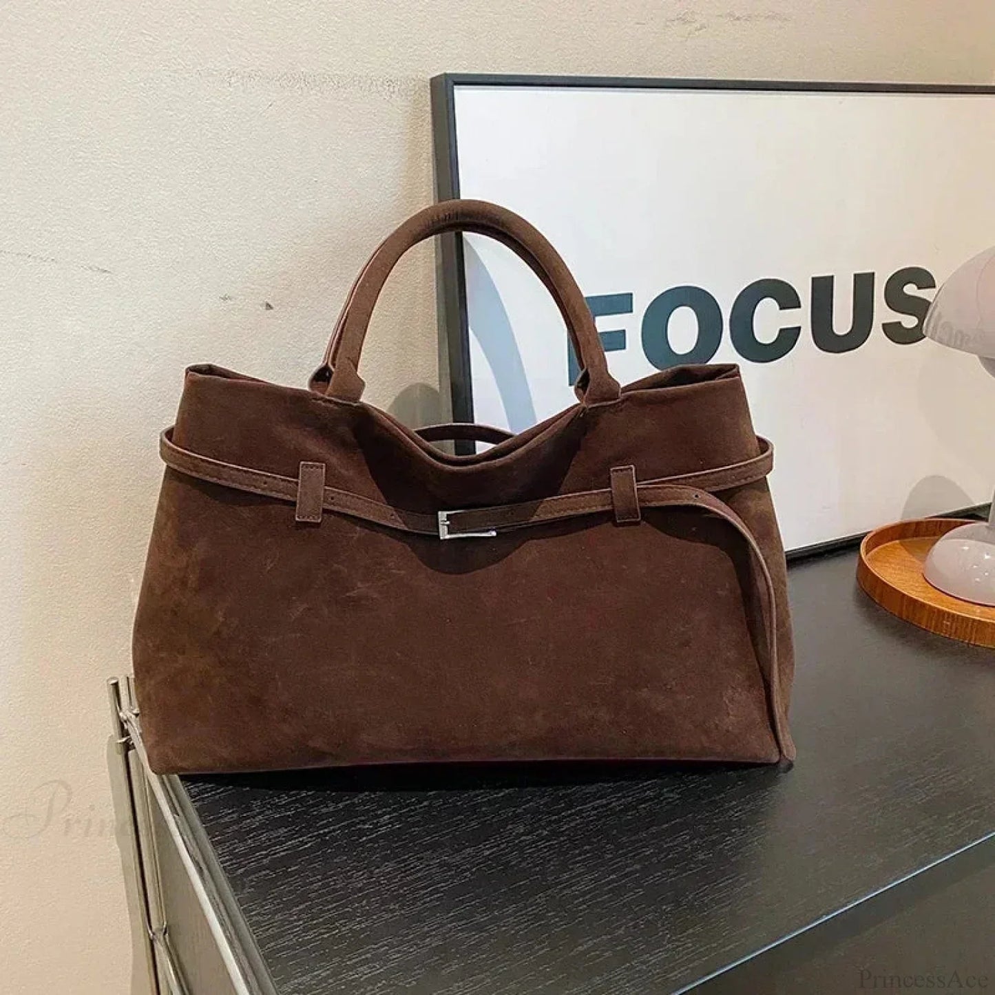 Buckle Decorative Faux Suede Hasp Large Tote Handbag