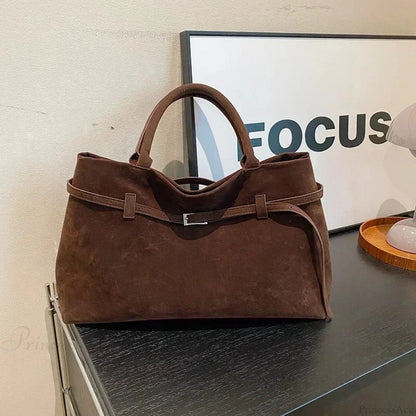 Buckle Decorative Faux Suede Hasp Large Tote Handbag