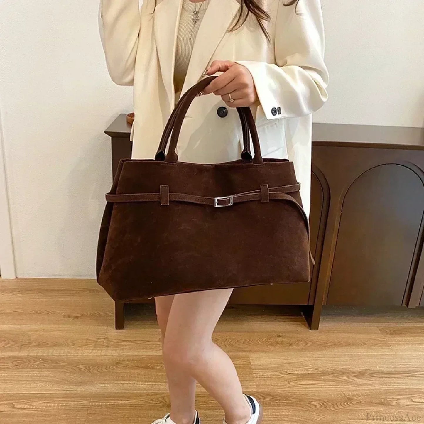 Buckle Decorative Faux Suede Hasp Large Tote Handbag