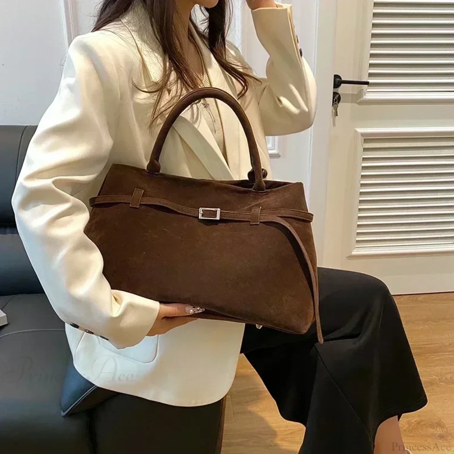 Buckle Decorative Faux Suede Hasp Large Tote Handbag