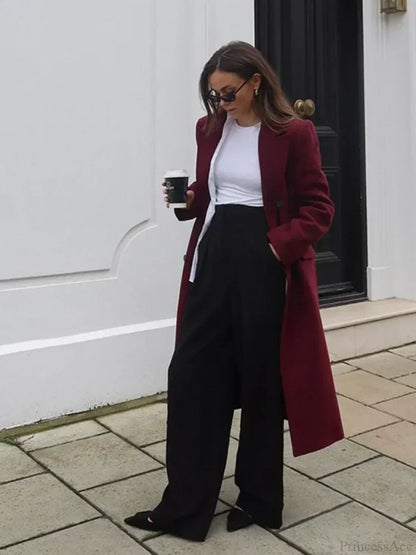 Burgundy Lapel Woolen Double-Breasted Overcoat