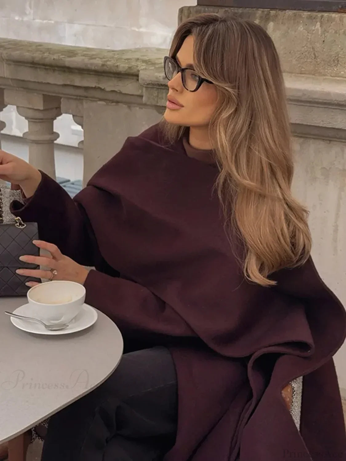 Burgundy Long Sleeve Scarf Wool Coat