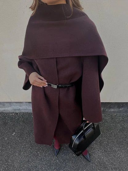 Burgundy Scarf Collar Woolen Coat