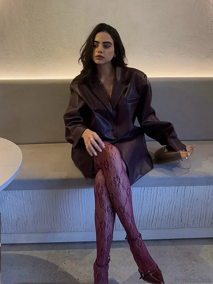 Burgundy Single Breasted PU Leather Coat