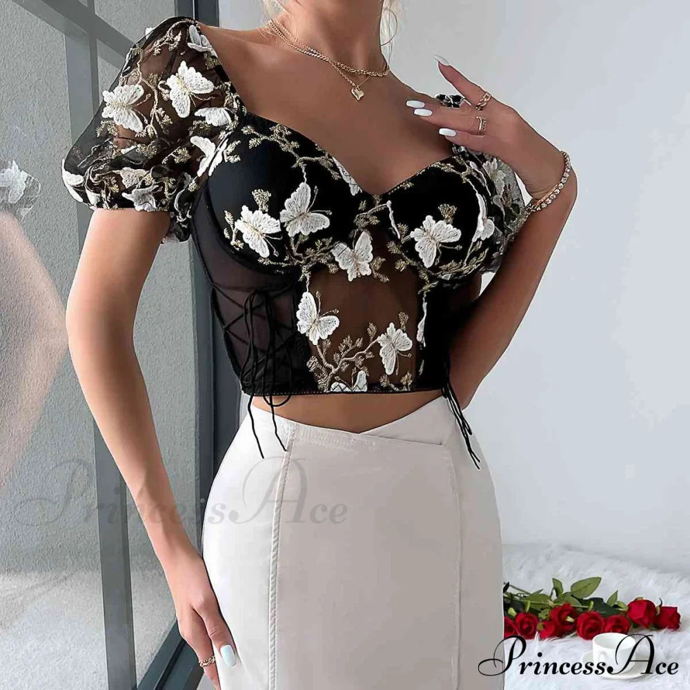 Butterfly Whispers Embroidery Charming Mesh Corset Top