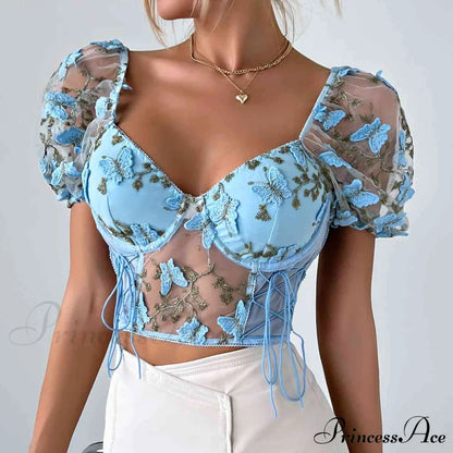 Butterfly Whispers Embroidery Charming Mesh Corset Top