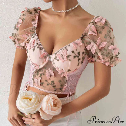 Butterfly Whispers Embroidery Charming Mesh Corset Top
