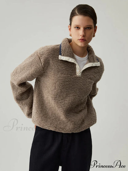 Button Down Collar Trendy Contrast Trim Sherpa Sweater