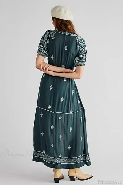 Button Down Embroidery Short Sleeve Chic Boho Dress