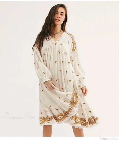 Button Up Black Embroidery Vintage Cotton Boho Dress