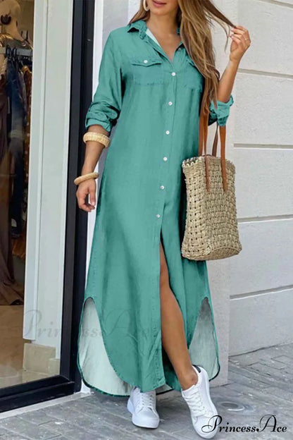 Button Up Pocket Shirt Dress - Long Sleeve