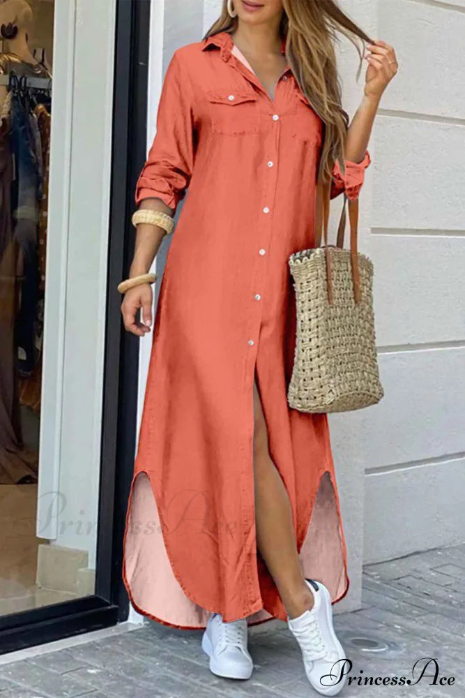 Button Up Pocket Shirt Dress - Long Sleeve