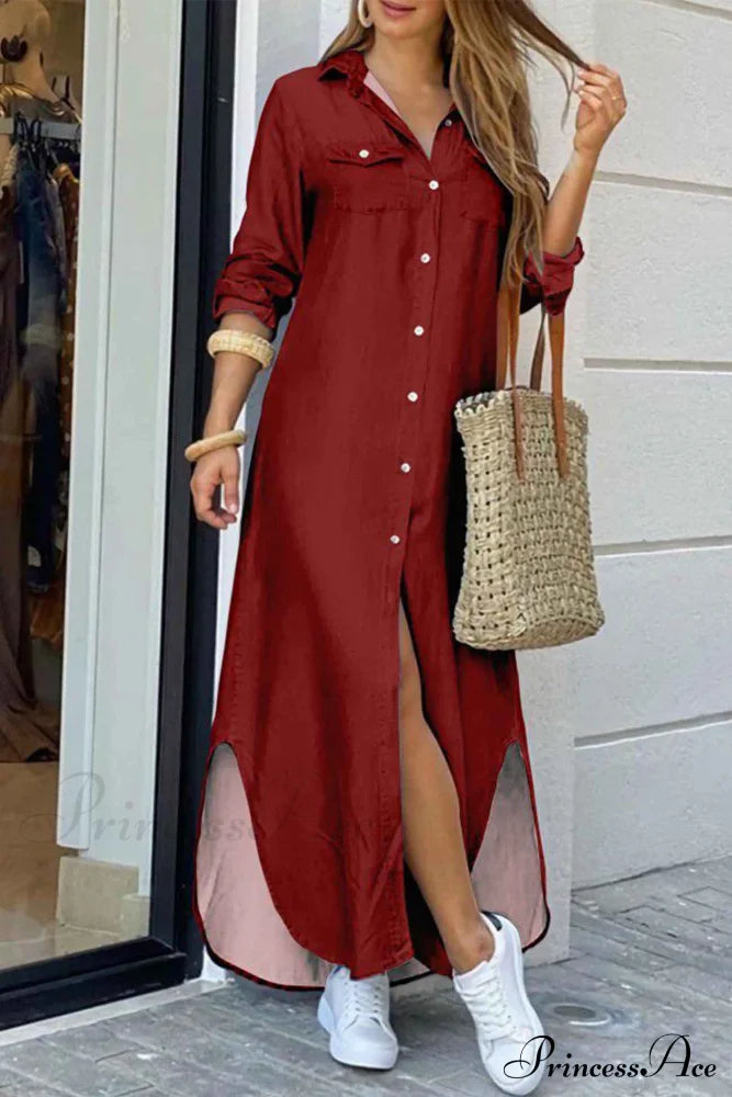 Button Up Pocket Shirt Dress - Long Sleeve