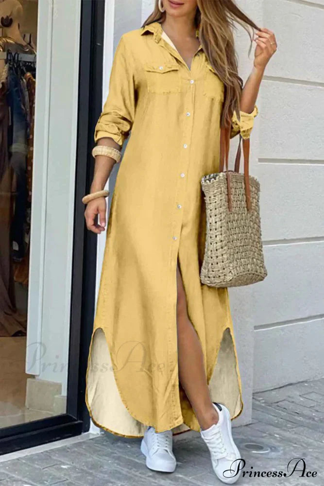 Button Up Pocket Shirt Dress - Long Sleeve